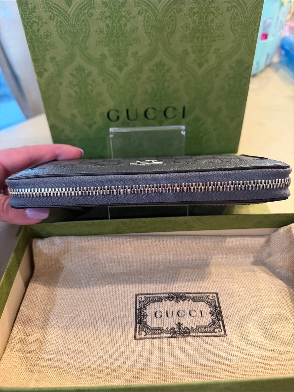 GUCCI | ✨NEW✨ Ophidia GG Supreme Zip Around Long Wallet in Grey/Graphite Grey - Picture 5 of 8